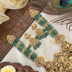 Vriksham Designer Dual Peacock With Lakshmi Green Beaded Short Neckpiece-Green Bead-G19186
