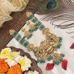 Vriksham Designer Dual Peacock With Lakshmi Green Beaded Short Neckpiece-Green Bead-G19186