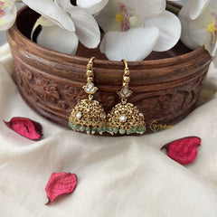 Vriksham Gold Look Alike Elephant Hook Jhumka-White-Pastel Green Bead-G18286