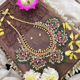 Vriksham Elegant Dual Peacock Jadau Kundan Short Neckpiece-Green Bead-J3712