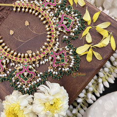 Vriksham Elegant Dual Peacock Jadau Kundan Short Neckpiece-Green Bead-J3712