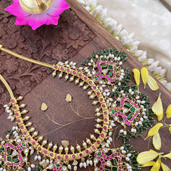 Vriksham Elegant Dual Peacock Jadau Kundan Short Neckpiece-Green Bead-J3712