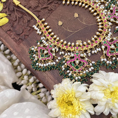 Vriksham Elegant Dual Peacock Jadau Kundan Short Neckpiece-Green Bead-J3712