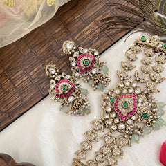 Vriksham Designer Unique Victorian Diamond Floral Neckpiece- Aqua Green Bead-G19187