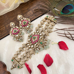 Vriksham Designer Unique Victorian Diamond Floral Neckpiece- Aqua Green Bead-G19187