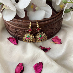 Vriksham Gold Look Alike Peacock Hook Jhumka-Red Green-Gold Bead-G18280