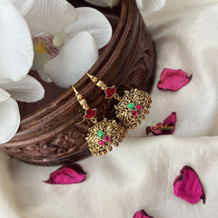 Vriksham Gold Look Alike Peacock Hook Jhumka-Red Green-Gold Bead-G18280