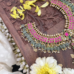 Vriksham Unique Kundan Jadau Pendant Short Neckpiece-Pastel Green Beads-J3709