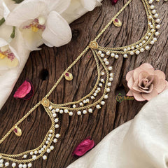 Vriksham Gold Plated Pear Champ Bridal Double Pearl layered Wave Hipchain-Red-Pearls-G20780