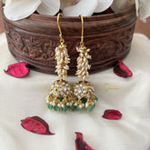 Vriksham Elegant White Stone Hook Jhumka-Pastel Green Bead-Rice Pearl-G18282