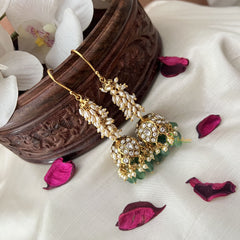Vriksham Elegant White Stone Hook Jhumka-Pastel Green Bead-Rice Pearl-G18282