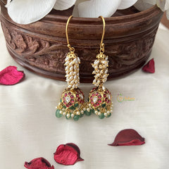 Vriksham Elegant Red Green Stone Hook Jhumka-Pastel Green Bead-Rice Pearl-G18283
