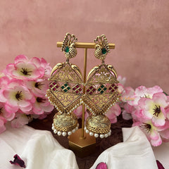 Vriksham Premium Bridal Three Tire Designer Jhumkas-Red Green-G12029