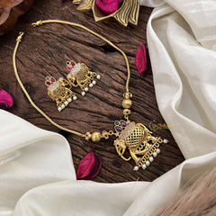 Red Green Addigai Gold Pendant Short Neckpiece-Elephant-G10646