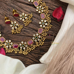 Red AD Stone Ghungroo Short Neckpiece-G023