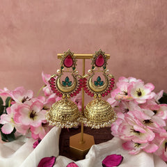 Vriksham Premium Stone Traditional Jumbo Jhumkas-Red Green-G3121