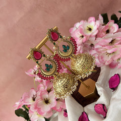 Vriksham Premium Stone Traditional Jumbo Jhumkas-Red Green-G3121