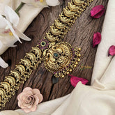 Vriksham  Elegant Dual Peacock Feather & Floral Hipchain-Green Red-Gold Bead-G20793