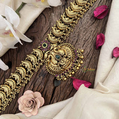 Vriksham  Elegant Dual Peacock Feather & Floral Hipchain-Green Red-Gold Bead-G20793