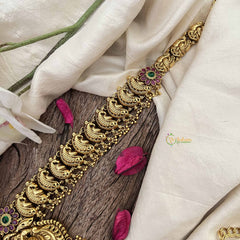 Vriksham  Elegant Dual Peacock Feather & Floral Hipchain-Green Red-Gold Bead-G20793