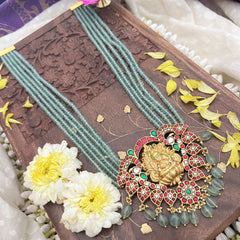 Vriksham Lakshmi Pendant With Maanga Jadau Kundan 5 Layer Green Beaded Maala neckpiece-J3716