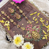 Vriksham Elegant Dual Peacock Lakshmi Pendant Kundan Jadau Neckpiece-Pastel Green Beads-J3720