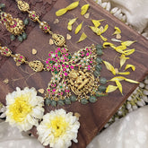 Vriksham Elegant Dual Peacock Lakshmi Pendant Kundan Jadau Neckpiece-Pastel Green Beads-J3720