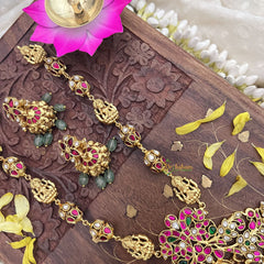 Vriksham Elegant Dual Peacock Lakshmi Pendant Kundan Jadau Neckpiece-Pastel Green Beads-J3720