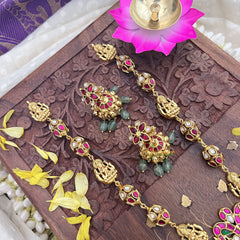 Vriksham Elegant Dual Peacock Lakshmi Pendant Kundan Jadau Neckpiece-Pastel Green Beads-J3720