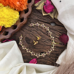 Premium AD Stone Lotus Short Neckpiece-Red White-G9889