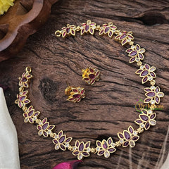 Premium AD Stone Lotus Short Neckpiece-Red White-G9889