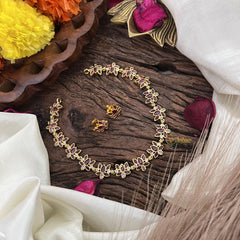 Premium AD Stone Lotus Short Neckpiece-Red White-G9889