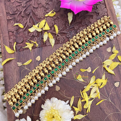 Vriksham Kundan Jadau Gold Look Alike High Neck Choker-Green-White Bead-J3688