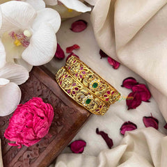 Vriksham Antique Lakshmi & Peacock Style Festive Gold-Toned Crystal Bangles-Red Green & White-G21616