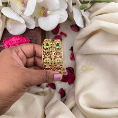 Vriksham Antique Lakshmi & Peacock Style Festive Gold-Toned Crystal Bangles-Red Green & White-G21616