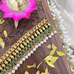 Vriksham Kundan Jadau Gold Look Alike High Neck Choker-Green-White Bead-J3688