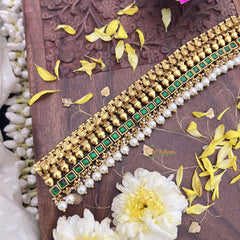 Vriksham Kundan Jadau Gold Look Alike High Neck Choker-Green-White Bead-J3688