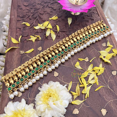 Vriksham Kundan Jadau Gold Look Alike High Neck Choker-Green-White Bead-J3688