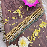 Vriksham Kundan Jadau Gold Look Alike High Neck Choker-White-Pastel Green Bead-J3689