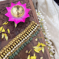 Vriksham Kundan Jadau Gold Look Alike High Neck Choker-White-Pastel Green Bead-J3689
