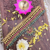 Vriksham Kundan Jadau Gold Look Alike Pendant High Neck Choker-Red-Pastel Green Bead-J3690