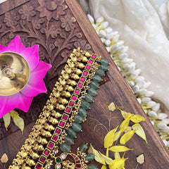 Vriksham Kundan Jadau Gold Look Alike Pendant High Neck Choker-Red-Pastel Green Bead-J3690