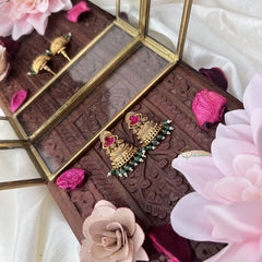 Vriksham Gold Look Alike Half Jhumka-Red-Pastel Green Bead-G18297