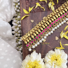 Vriksham Kundan Jadau Gold Look Alike High Neck Choker-Red-White Bead-J3687