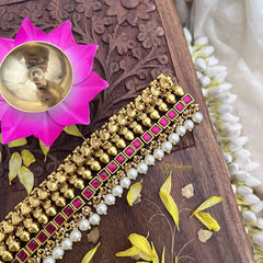 Vriksham Kundan Jadau Gold Look Alike High Neck Choker-Red-White Bead-J3687