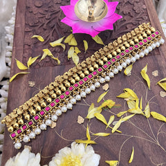 Vriksham Kundan Jadau Gold Look Alike High Neck Choker-Red-White Bead-J3687