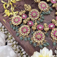 Vriksham Kundan Jadau Lakshmi With Coin Style High Neck Choker-Pastel Green Bead-J3693