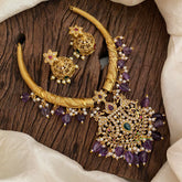 Premium AD Stone Hasli Choker-Filigree-Purple Beads-G12065