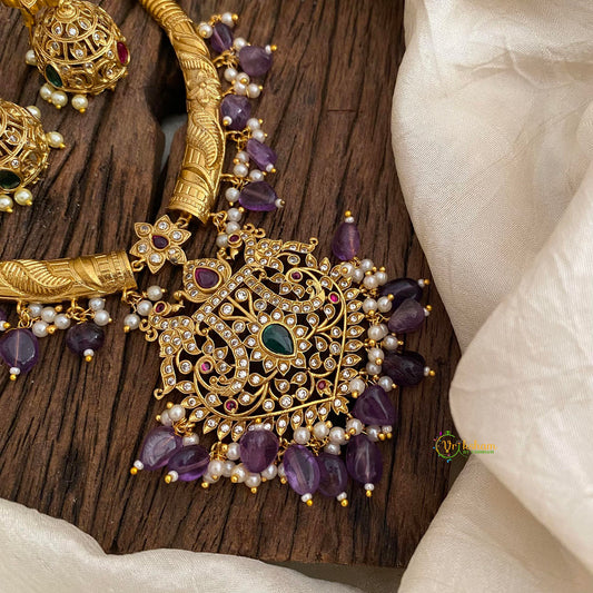 Premium AD Stone Hasli Choker-Filigree-Purple Beads-G12065