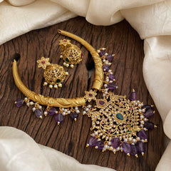 Premium AD Stone Hasli Choker-Filigree-Purple Beads-G12065